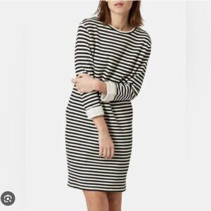 Topshop Sz 6 Grey & White Horizontal Stripe Knit Dress 3/4 Cuffed Sleeves